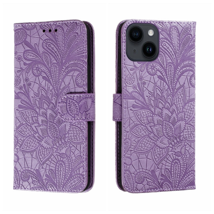 For iPhone 14 Plus Lace Flower Embossing Flip Leather Phone Case