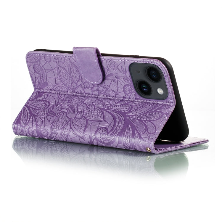 For iPhone 14 Plus Lace Flower Embossing Flip Leather Phone Case