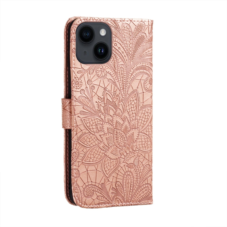 For iPhone 14 Plus Lace Flower Embossing Flip Leather Phone Case