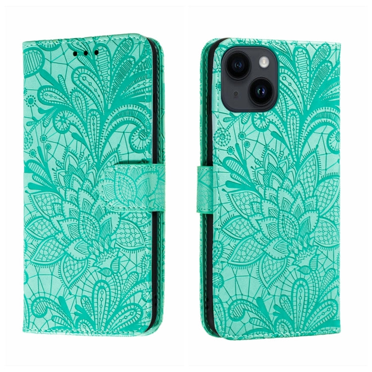 For iPhone 14 Plus Lace Flower Embossing Flip Leather Phone Case
