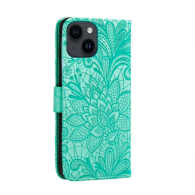 For iPhone 14 Plus Lace Flower Embossing Flip Leather Phone Case