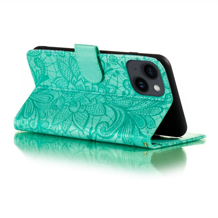 For iPhone 14 Plus Lace Flower Embossing Flip Leather Phone Case