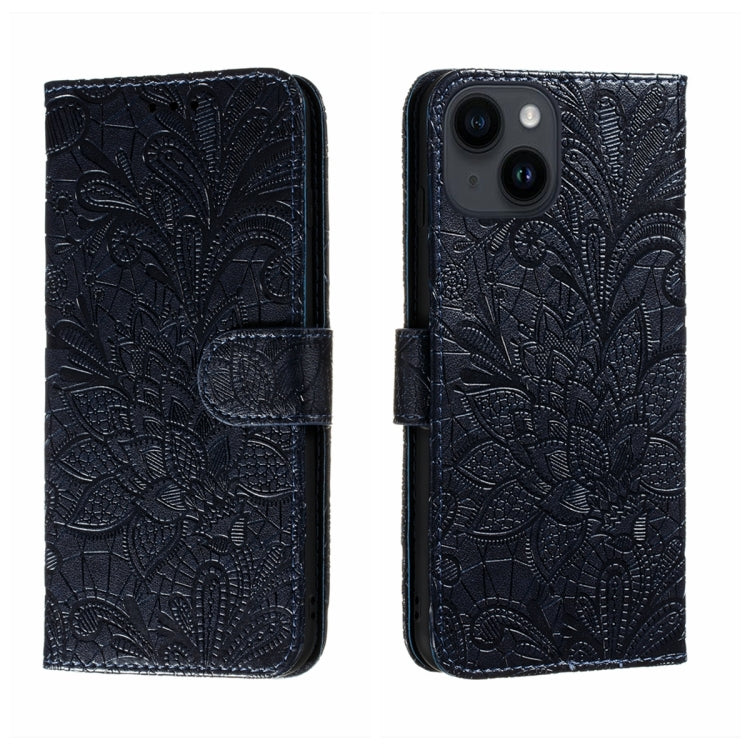 For iPhone 14 Plus Lace Flower Embossing Flip Leather Phone Case