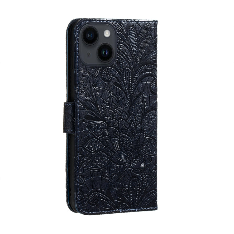For iPhone 14 Plus Lace Flower Embossing Flip Leather Phone Case