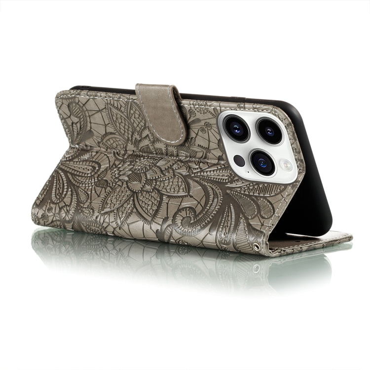 For iPhone 14 Pro Lace Flower Embossing Flip Leather Phone Case