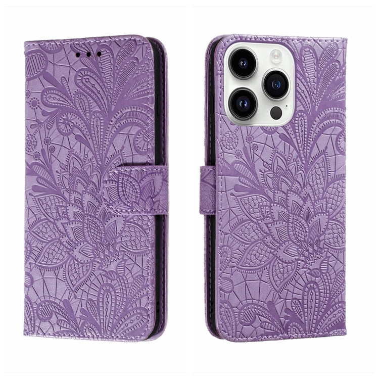 For iPhone 14 Pro Lace Flower Embossing Flip Leather Phone Case