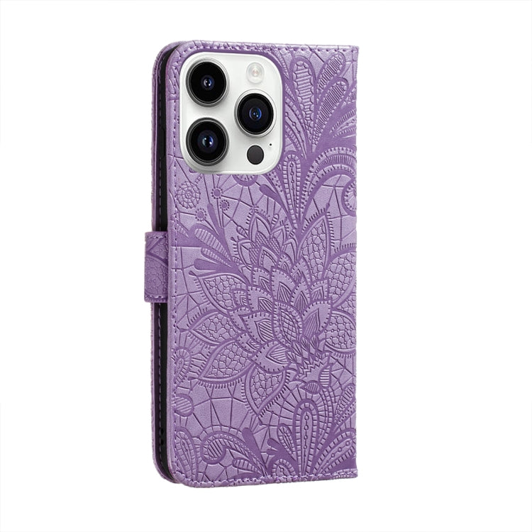 For iPhone 14 Pro Lace Flower Embossing Flip Leather Phone Case
