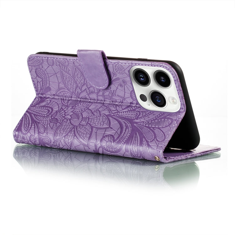 For iPhone 14 Pro Lace Flower Embossing Flip Leather Phone Case