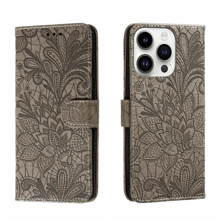 For iPhone 14 Pro Max Lace Flower Embossing Flip Leather Phone Case