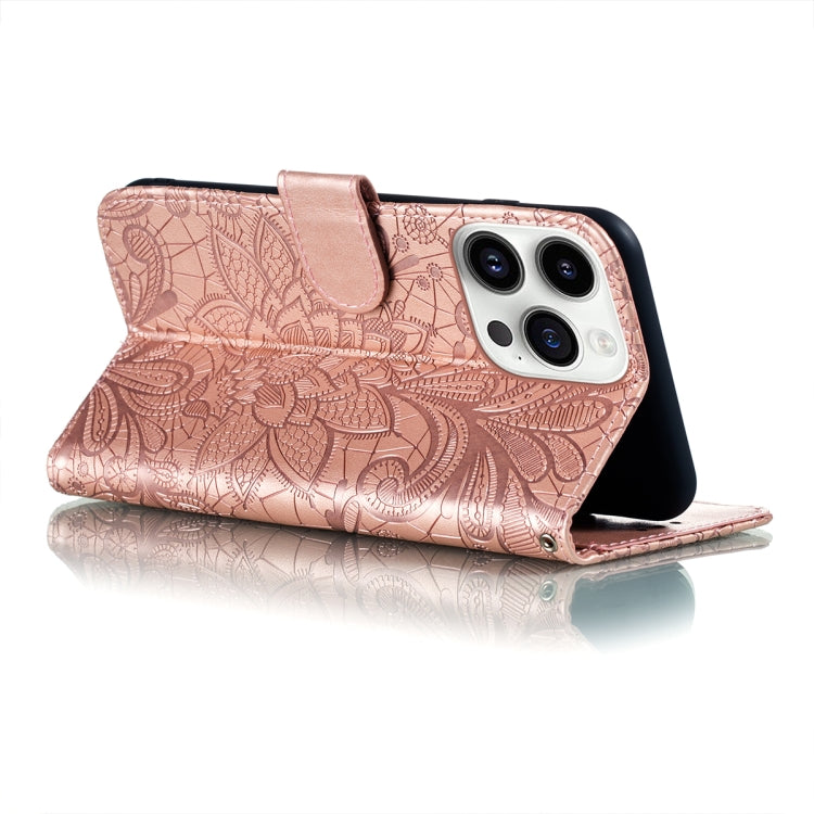 For iPhone 14 Pro Max Lace Flower Embossing Flip Leather Phone Case