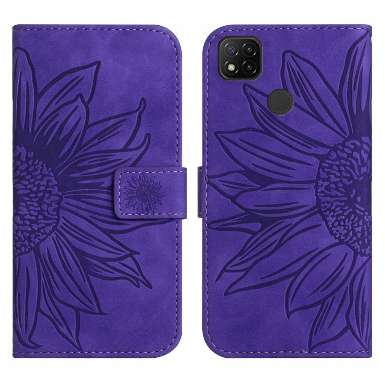 For Xiaomi Redmi 9C / Poco C3 Skin Feel Sun Flower Pattern Flip Leather Phone Case with Lanyard