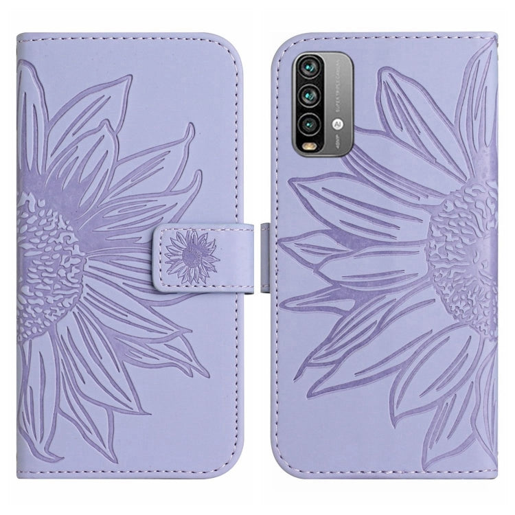 For Xiaomi Redmi 9T / 9 Power / Poco M3 Skin Feel Sun Flower Pattern Flip Leather Phone Case with Lanyard