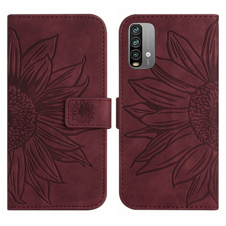 For Xiaomi Redmi 9T / 9 Power / Poco M3 Skin Feel Sun Flower Pattern Flip Leather Phone Case with Lanyard