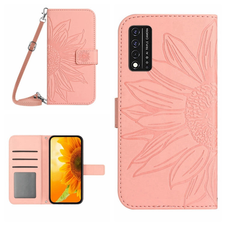For T-Mobile Revvl V+ 5G Skin Feel Sun Flower Pattern Flip Leather Phone Case with Lanyard