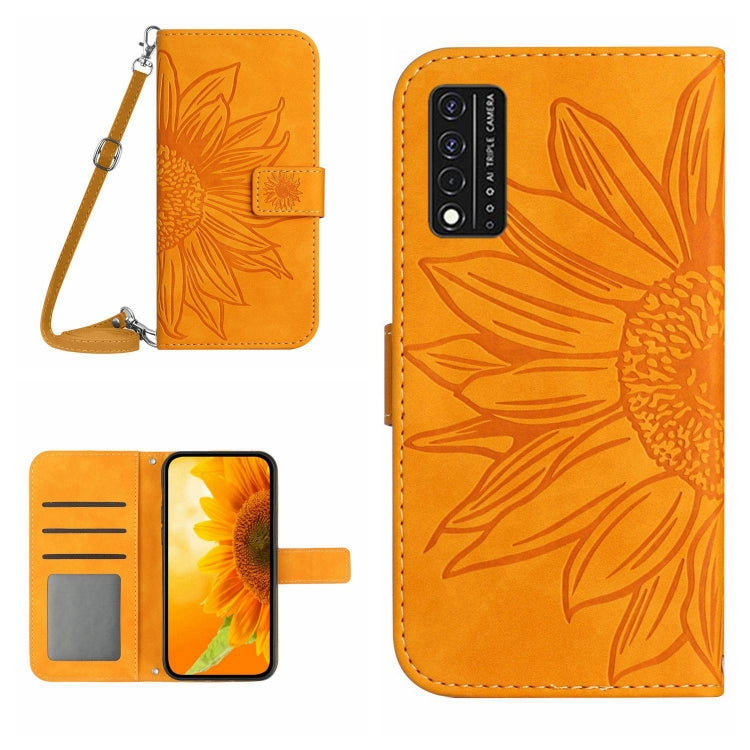 For T-Mobile Revvl V+ 5G Skin Feel Sun Flower Pattern Flip Leather Phone Case with Lanyard