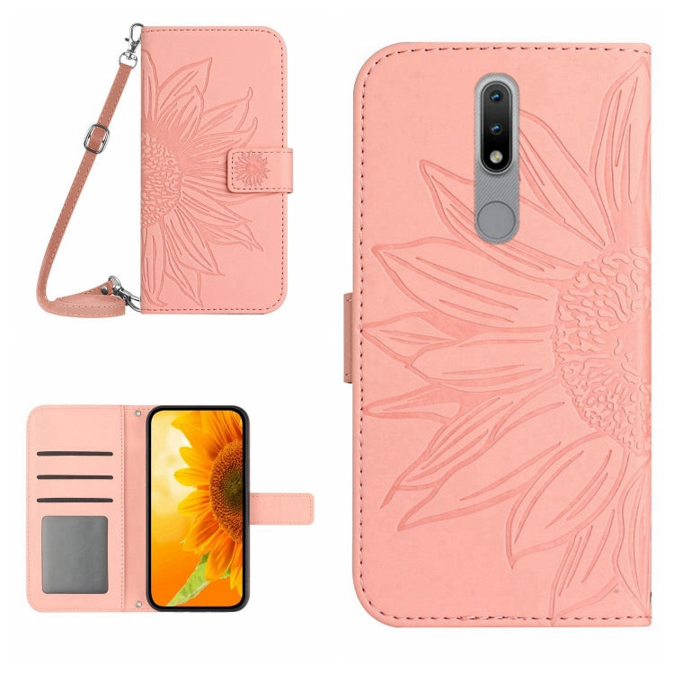 For Nokia 2.4 Skin Feel Sun Flower Pattern Flip Leather Phone Case with Lanyard