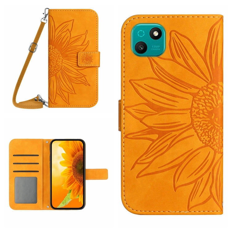 For Wiko T10 Skin Feel Sun Flower Pattern Flip Leather Phone Case with Lanyard