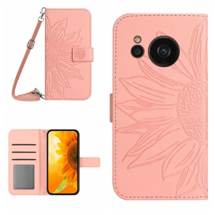 For Sharp Aquos Sense7 SH-V48 HT04 Skin Feel Sun Flower Pattern Flip Leather Phone Case with Lanyard