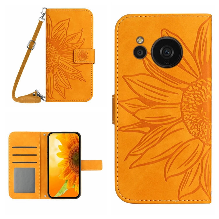 For Sharp Aquos Sense7 SH-V48 HT04 Skin Feel Sun Flower Pattern Flip Leather Phone Case with Lanyard