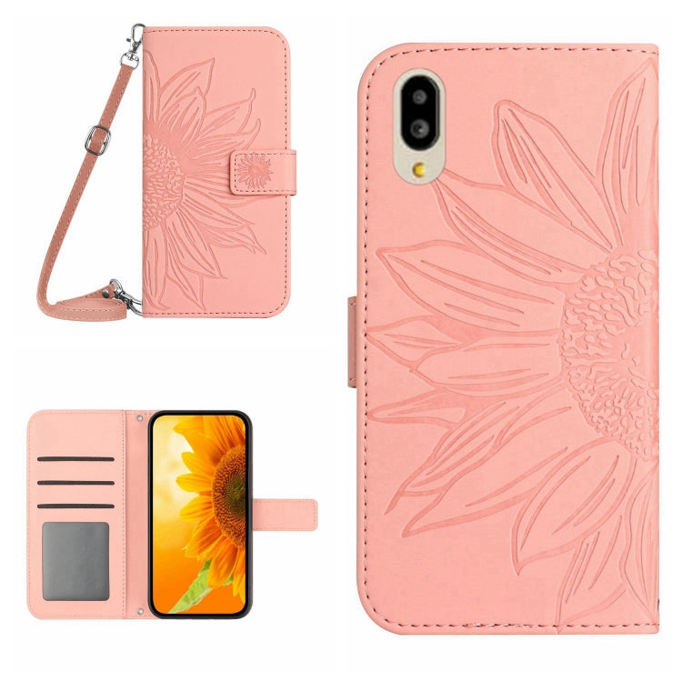 For Sharp Simple Sumaho 6 Skin Feel Sun Flower Pattern Flip Leather Phone Case with Lanyard