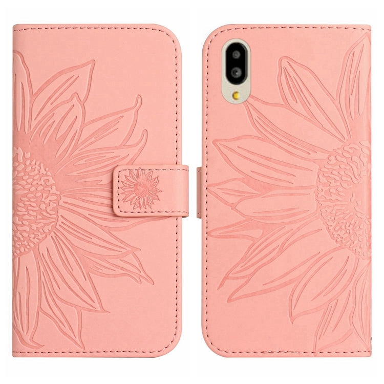For Sharp Simple Sumaho 6 Skin Feel Sun Flower Pattern Flip Leather Phone Case with Lanyard