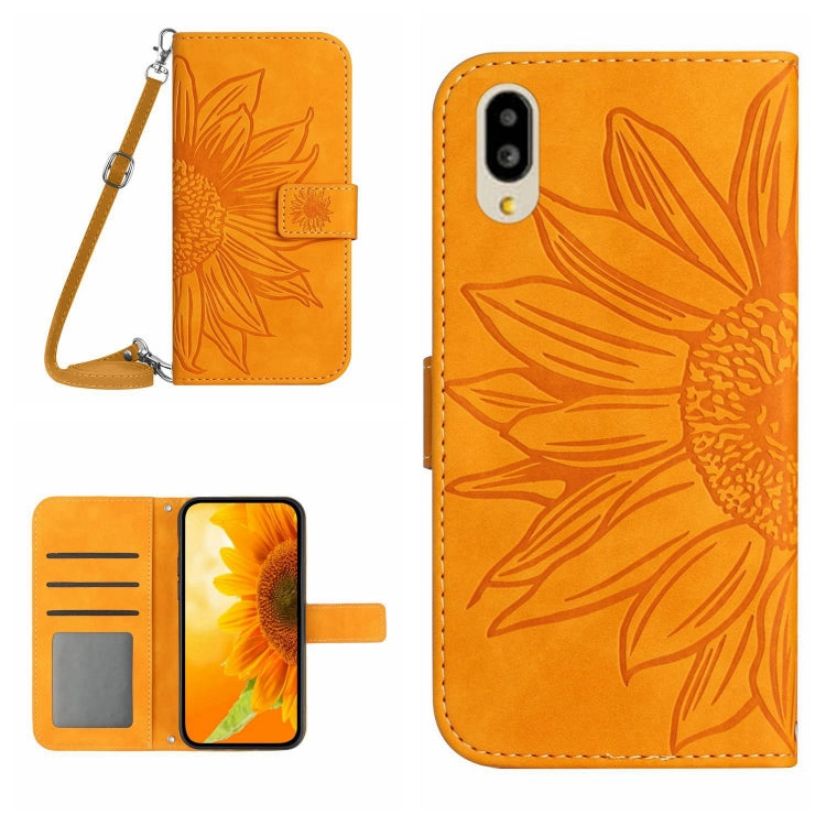 For Sharp Simple Sumaho 6 Skin Feel Sun Flower Pattern Flip Leather Phone Case with Lanyard