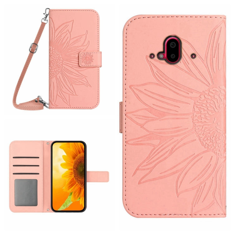 For Fujitsu Arrows F-52B Skin Feel Sun Flower Pattern Flip Leather Phone Case with Lanyard