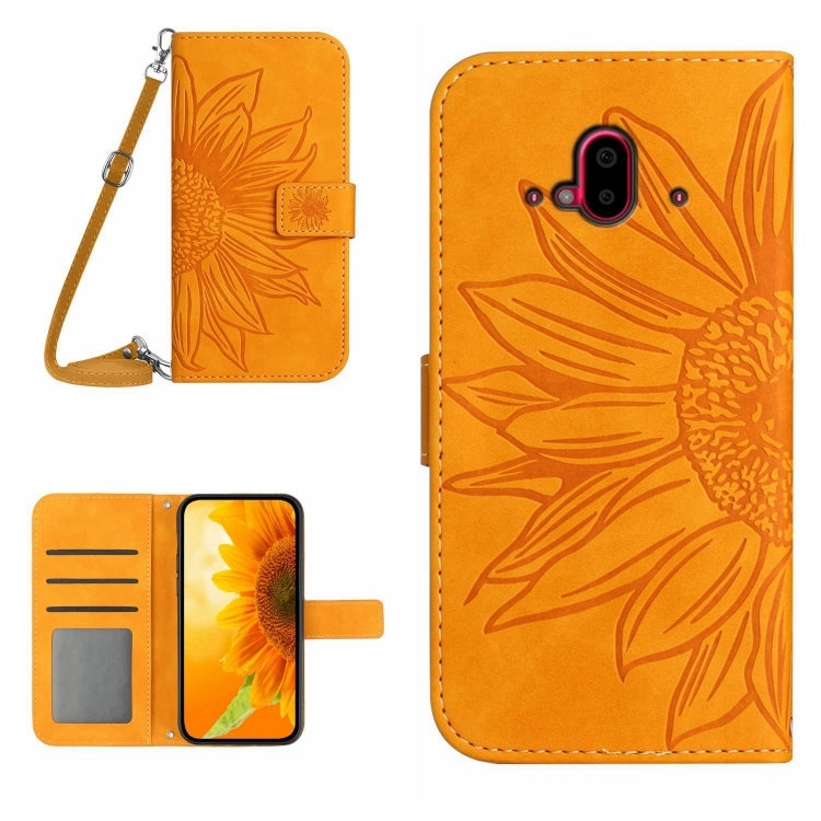 For Fujitsu Arrows F-52B Skin Feel Sun Flower Pattern Flip Leather Phone Case with Lanyard