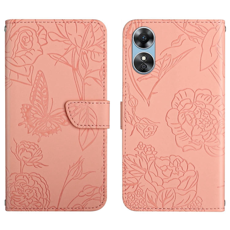 For OPPO A17 HT03 Skin Feel Butterfly Embossed Flip Leather Phone Case