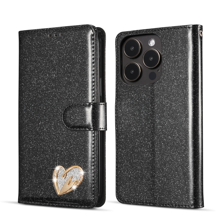 For iPhone 14 Pro Glitter Powder Love Leather Phone Case