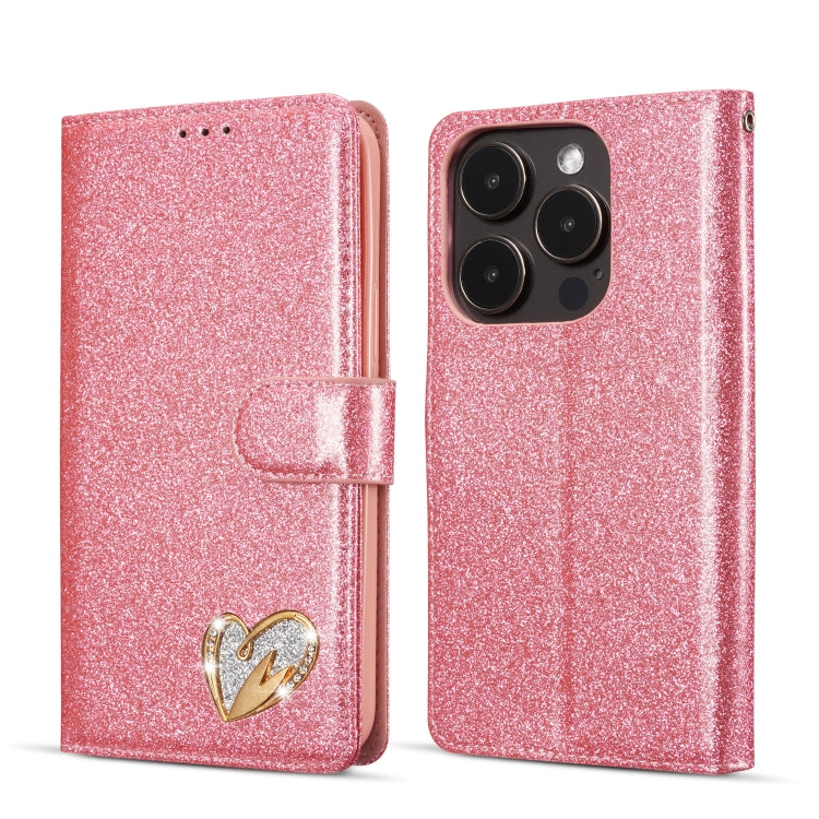 For iPhone 14 Pro Glitter Powder Love Leather Phone Case