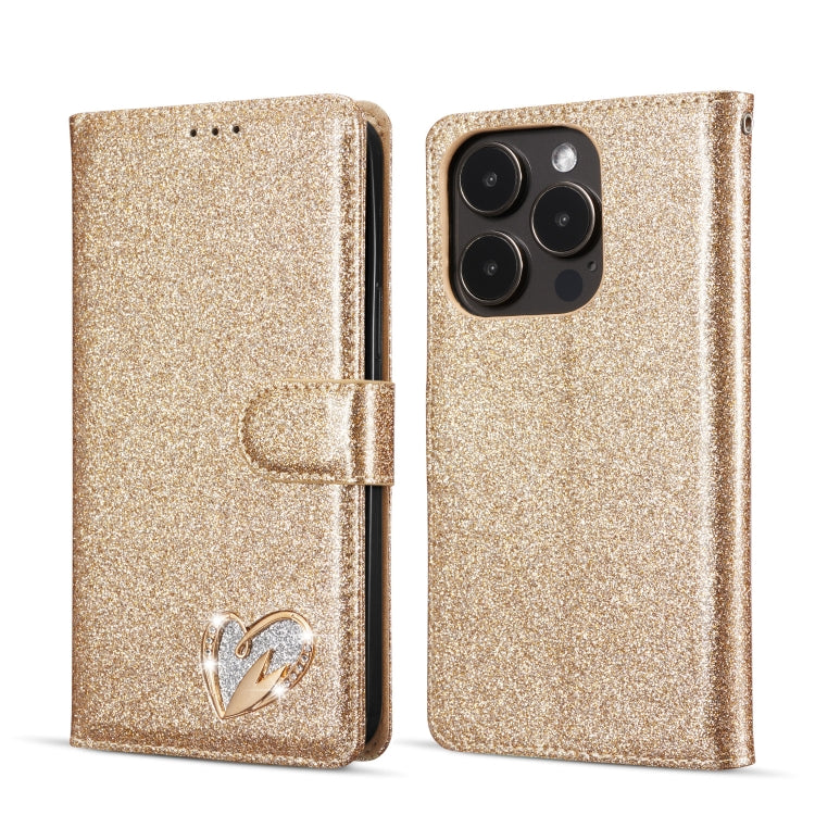 For iPhone 14 Pro Max Glitter Powder Love Leather Phone Case