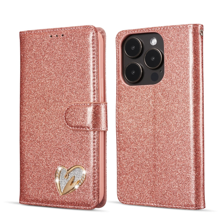 For iPhone 14 Pro Max Glitter Powder Love Leather Phone Case