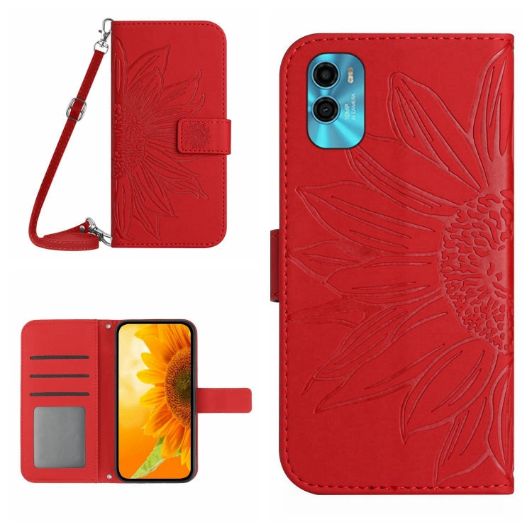 For Motorola Moto E22s Skin Feel Sun Flower Pattern Flip Leather Phone Case with Lanyard