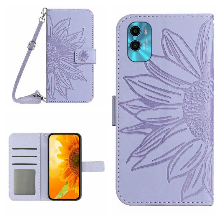 For Motorola Moto E22s Skin Feel Sun Flower Pattern Flip Leather Phone Case with Lanyard
