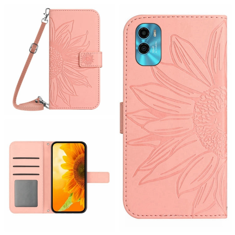 For Motorola Moto E22s Skin Feel Sun Flower Pattern Flip Leather Phone Case with Lanyard