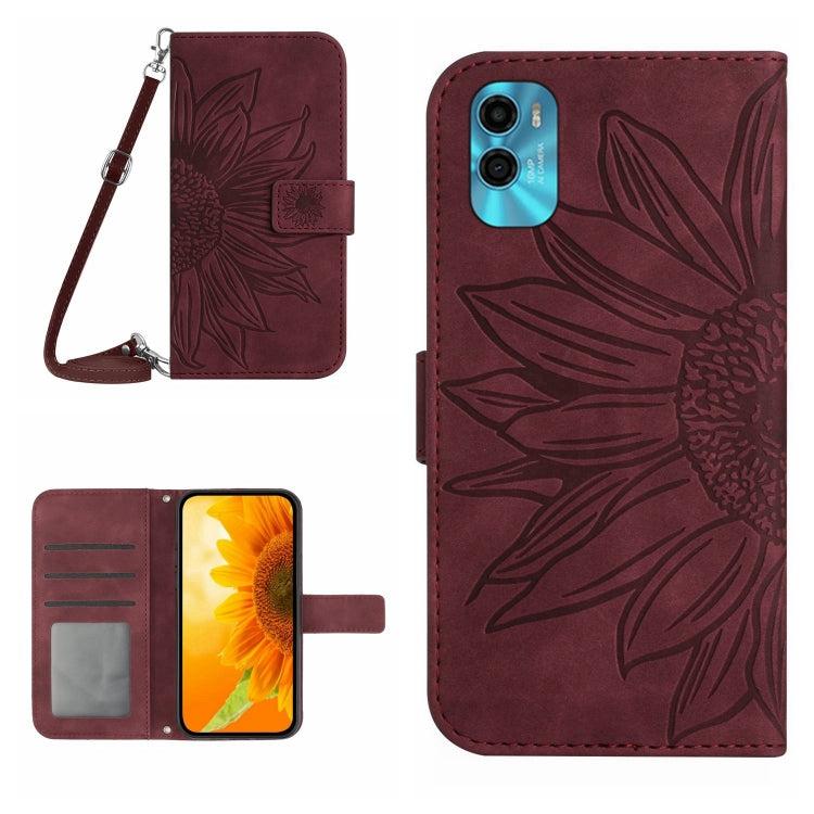 For Motorola Moto E22s Skin Feel Sun Flower Pattern Flip Leather Phone Case with Lanyard