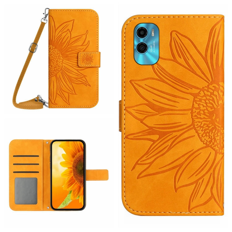 For Motorola Moto E22s Skin Feel Sun Flower Pattern Flip Leather Phone Case with Lanyard