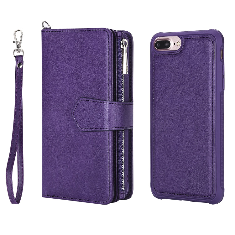 For iPhone 7 Plus / 8 Plus 2 in 1 Solid Color Zipper Shockproof Protective Case with Card Slots & Bracket & Photo Holder & Wallet Function