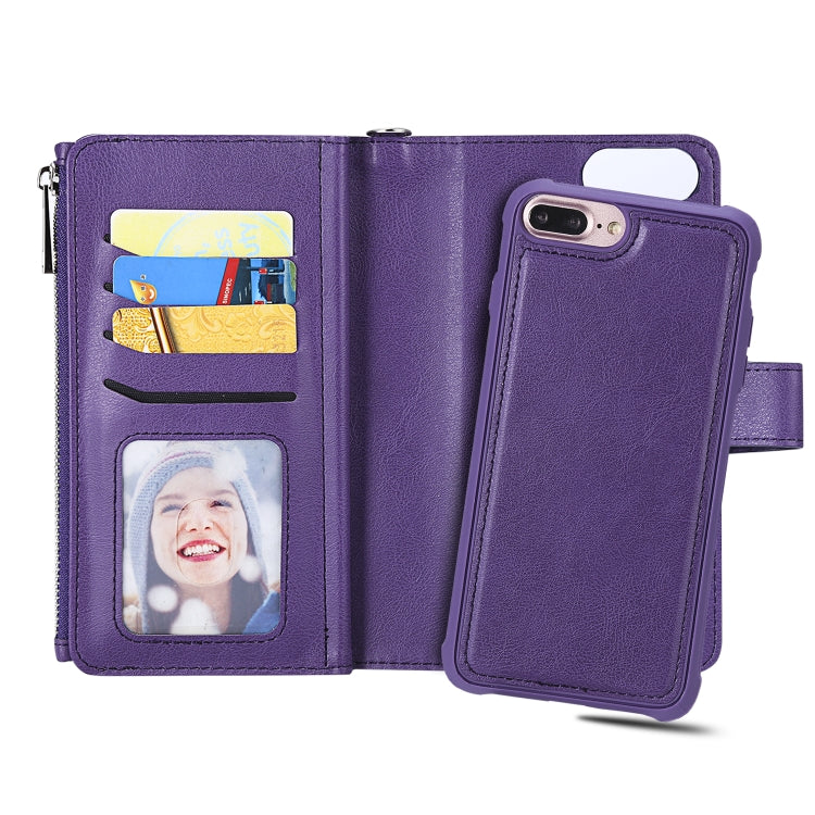 For iPhone 7 Plus / 8 Plus 2 in 1 Solid Color Zipper Shockproof Protective Case with Card Slots & Bracket & Photo Holder & Wallet Function