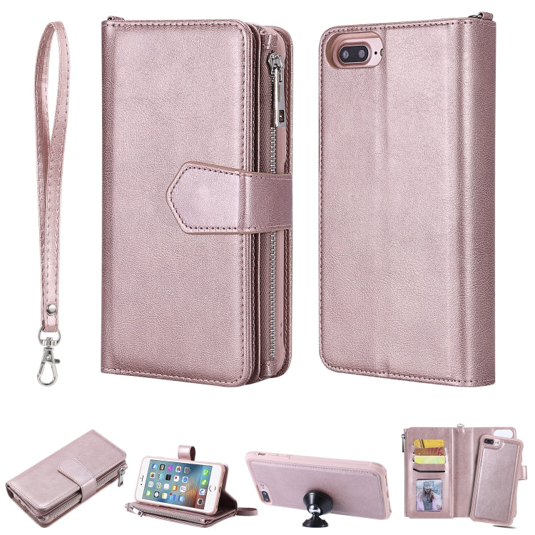 For iPhone 7 Plus / 8 Plus 2 in 1 Solid Color Zipper Shockproof Protective Case with Card Slots & Bracket & Photo Holder & Wallet Function