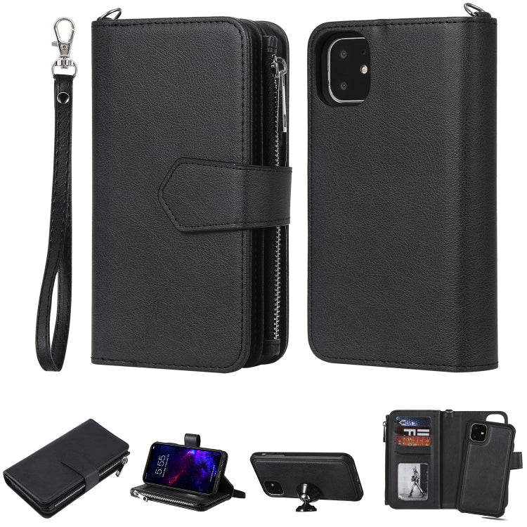 For iPhone 11 2 in 1 Solid Color Zipper Shockproof Protective Case with Card Slots & Bracket & Photo Holder & Wallet Function