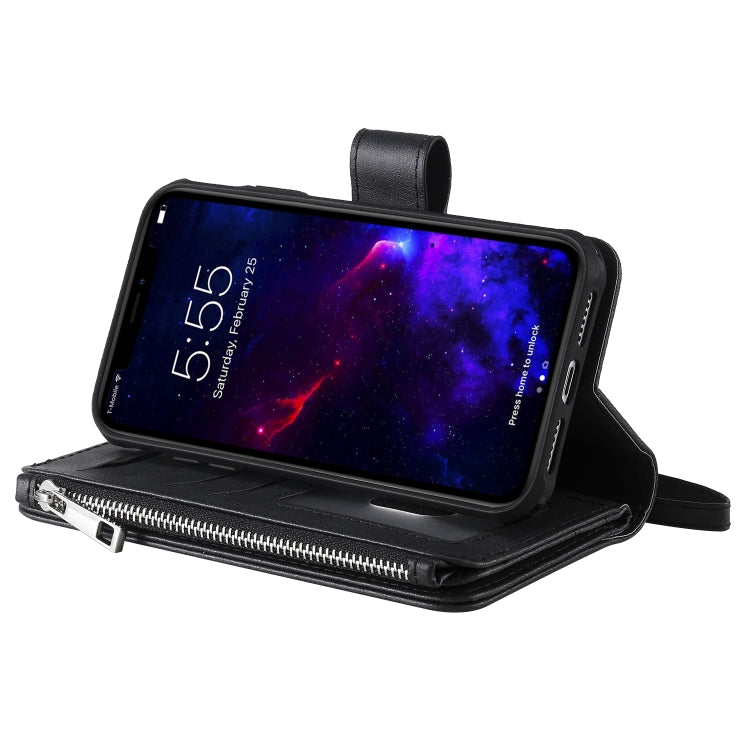 For iPhone 11 2 in 1 Solid Color Zipper Shockproof Protective Case with Card Slots & Bracket & Photo Holder & Wallet Function
