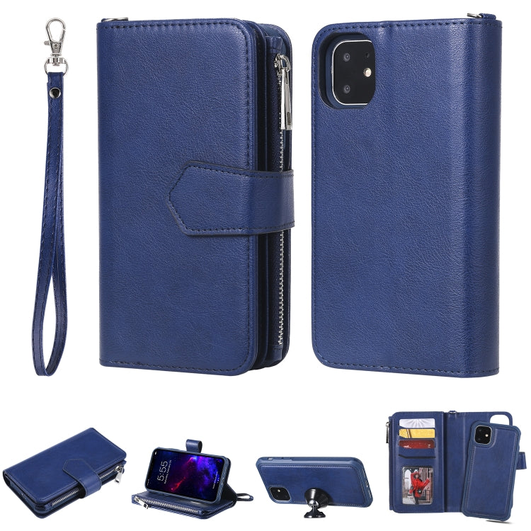 For iPhone 11 2 in 1 Solid Color Zipper Shockproof Protective Case with Card Slots & Bracket & Photo Holder & Wallet Function