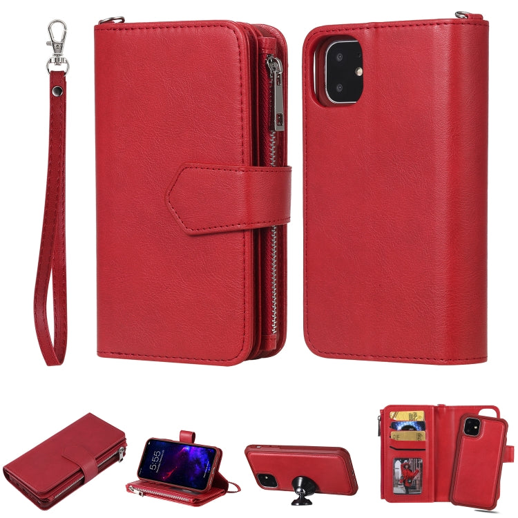 For iPhone 11 2 in 1 Solid Color Zipper Shockproof Protective Case with Card Slots & Bracket & Photo Holder & Wallet Function