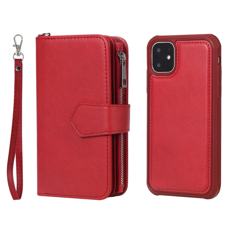 For iPhone 11 2 in 1 Solid Color Zipper Shockproof Protective Case with Card Slots & Bracket & Photo Holder & Wallet Function