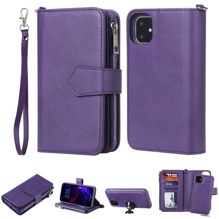 For iPhone 11 2 in 1 Solid Color Zipper Shockproof Protective Case with Card Slots & Bracket & Photo Holder & Wallet Function