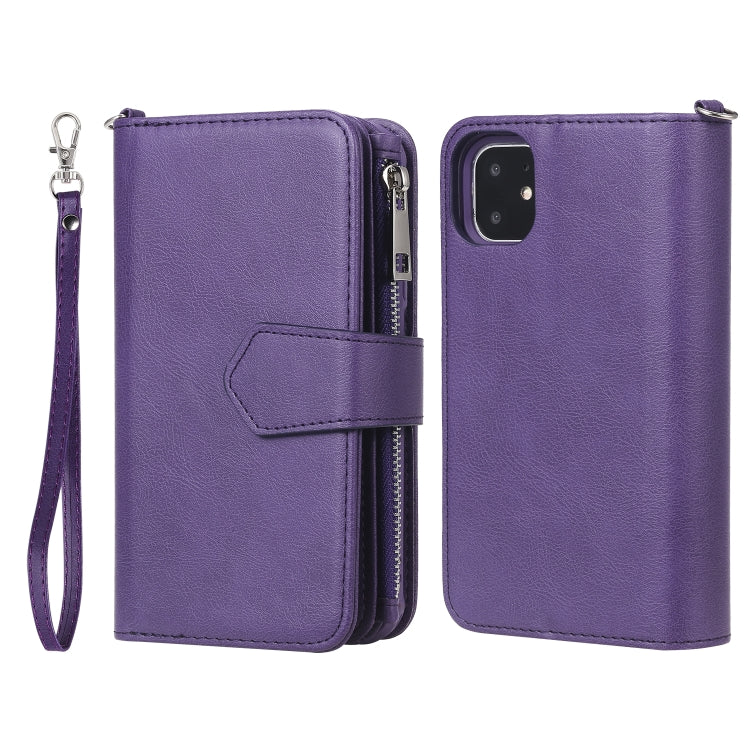 For iPhone 11 2 in 1 Solid Color Zipper Shockproof Protective Case with Card Slots & Bracket & Photo Holder & Wallet Function