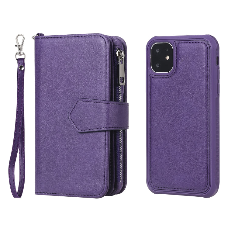 For iPhone 11 2 in 1 Solid Color Zipper Shockproof Protective Case with Card Slots & Bracket & Photo Holder & Wallet Function