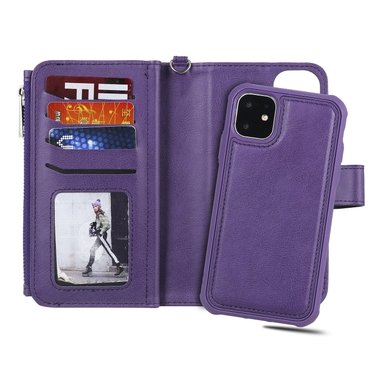 For iPhone 11 2 in 1 Solid Color Zipper Shockproof Protective Case with Card Slots & Bracket & Photo Holder & Wallet Function